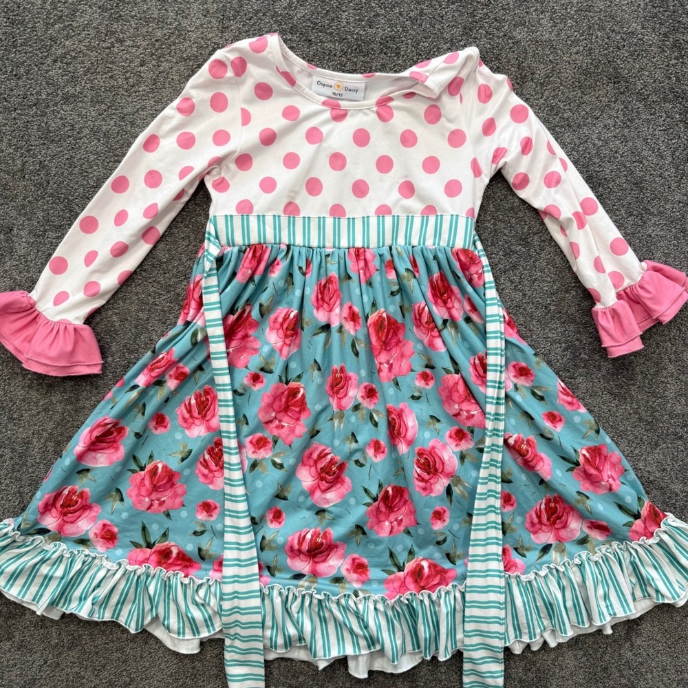 Oopsie Daisy Girls Floral Polka Dot Ruffle Dress Pink Teal Size 10/12 ODLBA